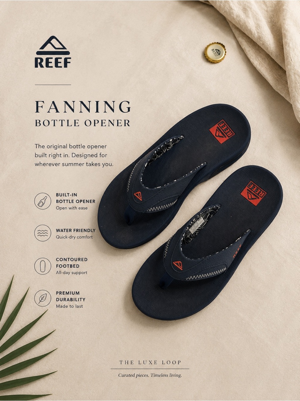 Reef Fanning Men's Navy Flip Flops with Red Logo Accent